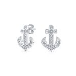 Nautical CZ Stud Earrings with Boat Anchor Pave Cubic Zirconia Sterling Silver