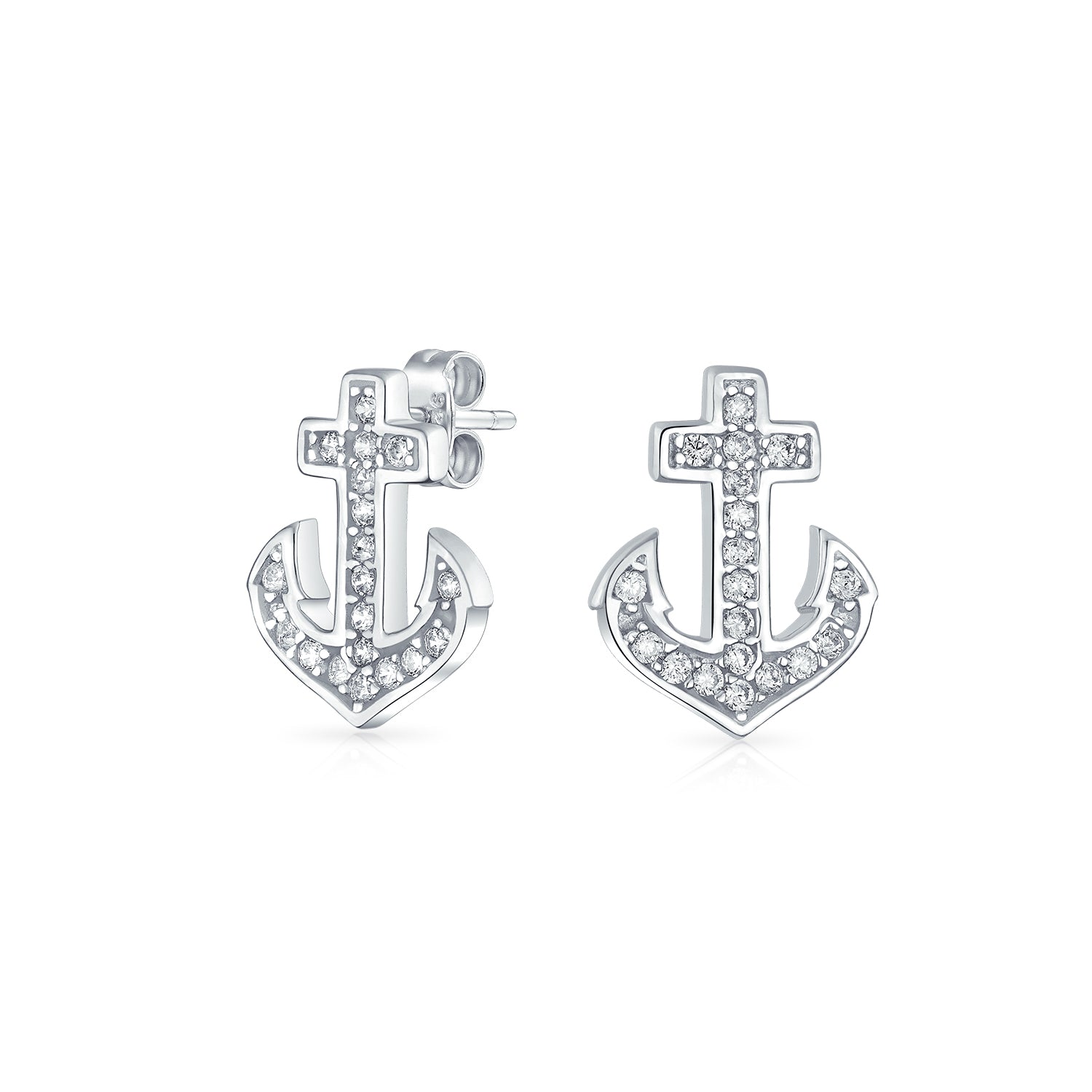 silver-stud-earrings-nautical-anchor_oa-71ola952-es-az_1 Nautical CZ Stud Earrings with Boat Anchor Pave Cubic Zirconia Sterling Silver - Image 1