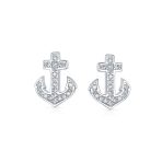 Nautical CZ Stud Earrings with Boat Anchor Pave Cubic Zirconia Sterling Silver - Image 2