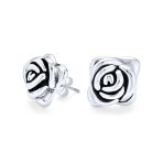 Black Rose Stud Earrings 3D Garden Flower Oxidized Silver