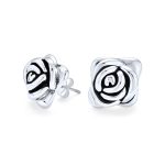 Black Rose Stud Earrings 3D Garden Flower Oxidized Silver