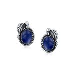 Native American Style Gemstone Bezel Leaf Rope Stud Earrings in Sterling Silver - Image 9