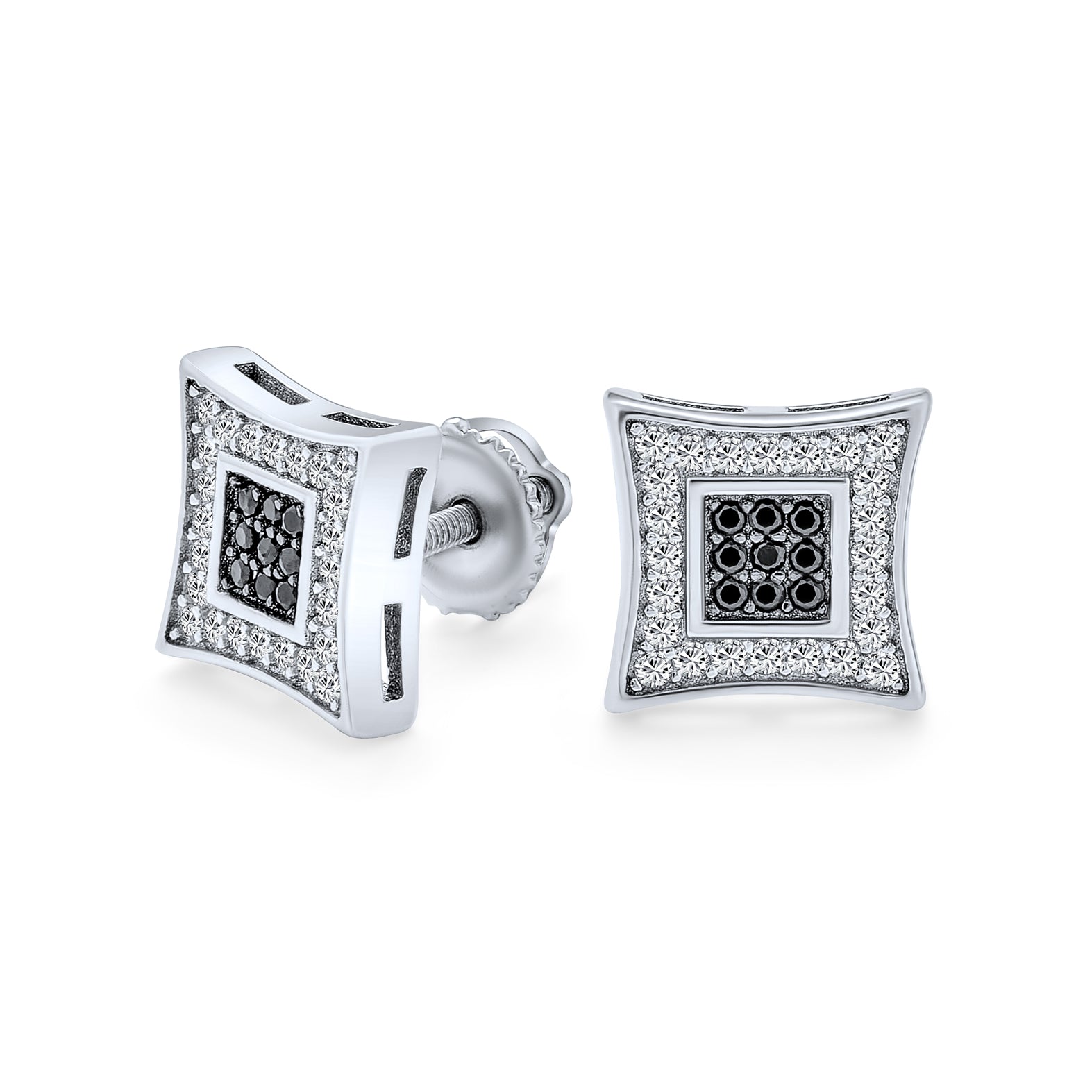 silver-stud-pave-black-white-earrings-yly-q-4401-bw_11 Contemporary Mens 9MM Black & White CZ Stud Earrings in Sterling Silver - Image 1