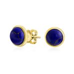 Turquoise Bezel Set Round Dome Button Stud Earrings Gold Plated Sterling Silver - Image 4