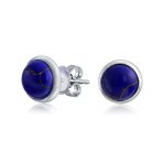 Turquoise Bezel Set Round Dome Button Stud Earrings Gold Plated Sterling Silver - Image 3