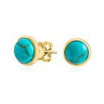 Turquoise Bezel Set Round Dome Button Stud Earrings Gold Plated Sterling Silver