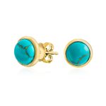 Turquoise Bezel Set Round Dome Button Stud Earrings Gold Plated Sterling Silver