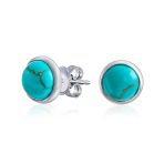 Turquoise Bezel Set Round Dome Button Stud Earrings Gold Plated Sterling Silver - Image 2