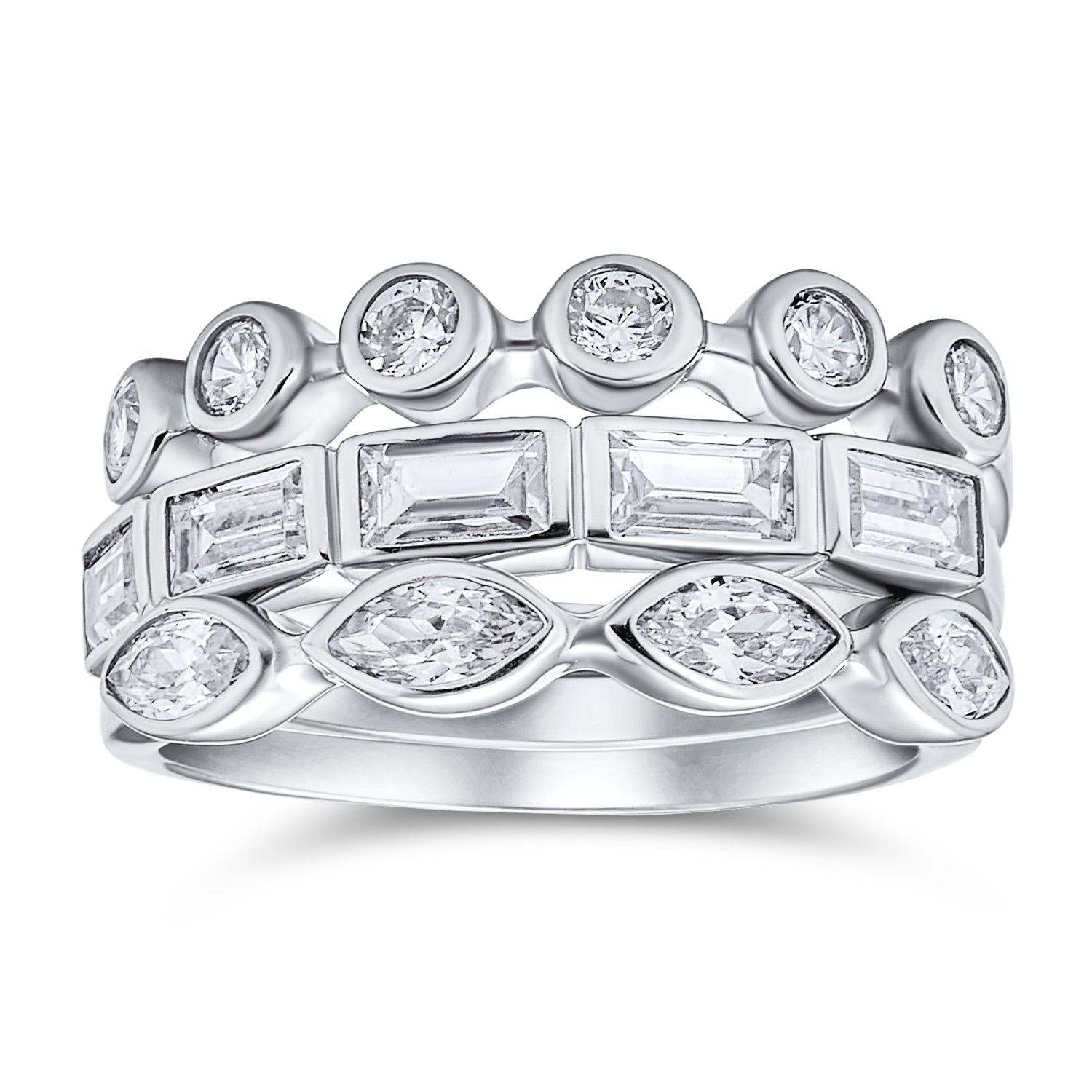 silver-three-rings-cz-stackable_pk-rsw48_20_2 Stackable Eternity Band Ring Set 3PC CZ Baguette Marquise Round .925 Sterling Silver - Image 1