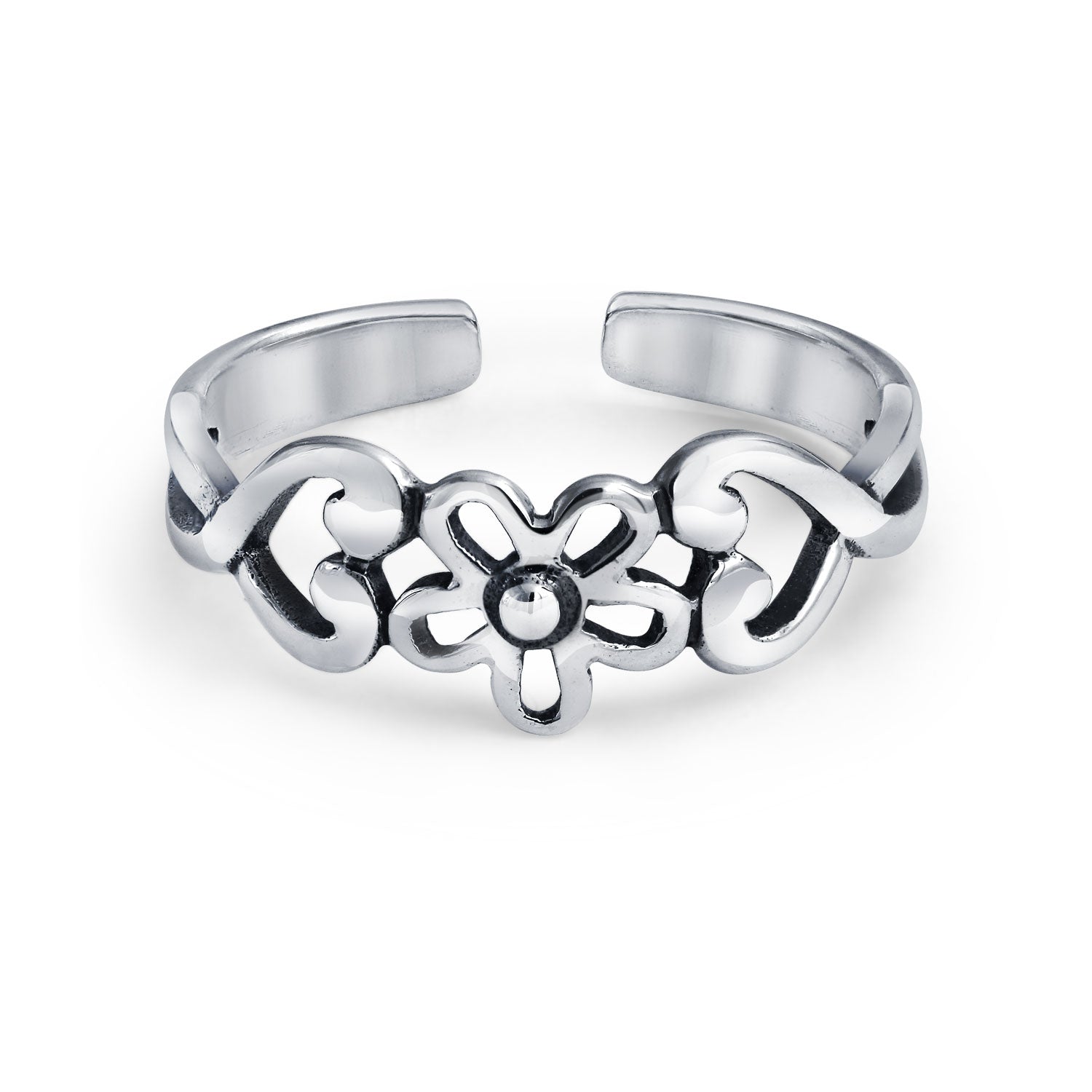 silver-throbbing-toe-ring_pmr-r11672 Silver Sterling Toe Ring with Flowers & Heart Filigree Design Midi Band - Image 1