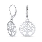 Oval Disc Tree of Life Dangle Earrings 14K Rose Gold Plated Sterling Silver