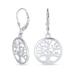 Oval Disc Tree of Life Dangle Earrings 14K Rose Gold Plated Sterling Silver