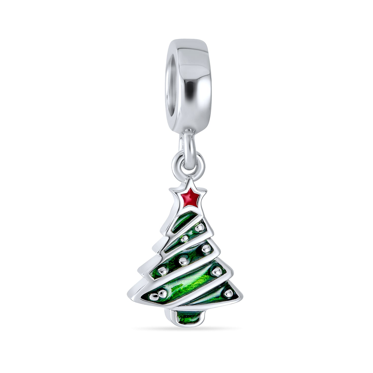 silver-tree-green-christmas-bead-charm-pbx-hsd-156_1 Christmas Charm Bead Red Star & Green Tree Dangle Enamel Silver for Bracelets - Image 1