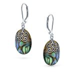 Oval Rainbow Abalone Shell Swirl Dangle Earrings in Sterling Silver - Image 2
