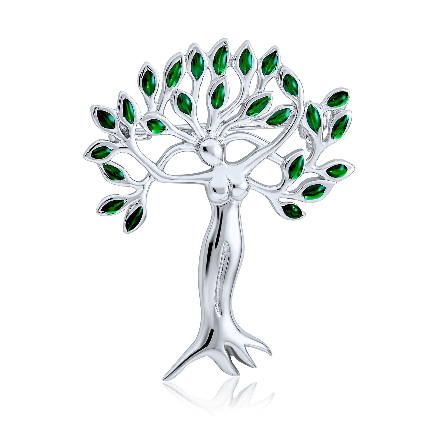 silver-tree-pin-brooch-green-leaf-pmr-b20134_1 Native American Style Green Leaves Tree Of Life Brooche Pin in Sterling Silver - Image 1