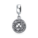 Round Disc Good Luck Celtic Knot Irish Clover Dangle Charm Bead Sterling Silver