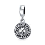Round Disc Good Luck Celtic Knot Irish Clover Dangle Charm Bead Sterling Silver