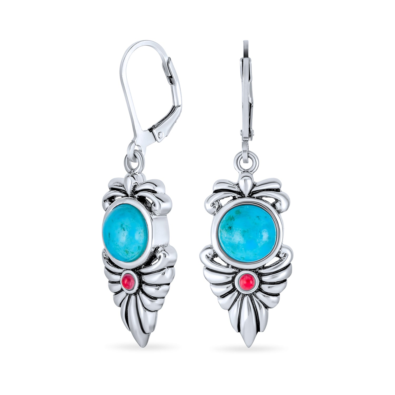silver-turquoise-dangle-red-earring-ext-e15-1434_1 Western Native American Style Turquoise & Carnelian Gemstone Dangle Earrings - Image 1