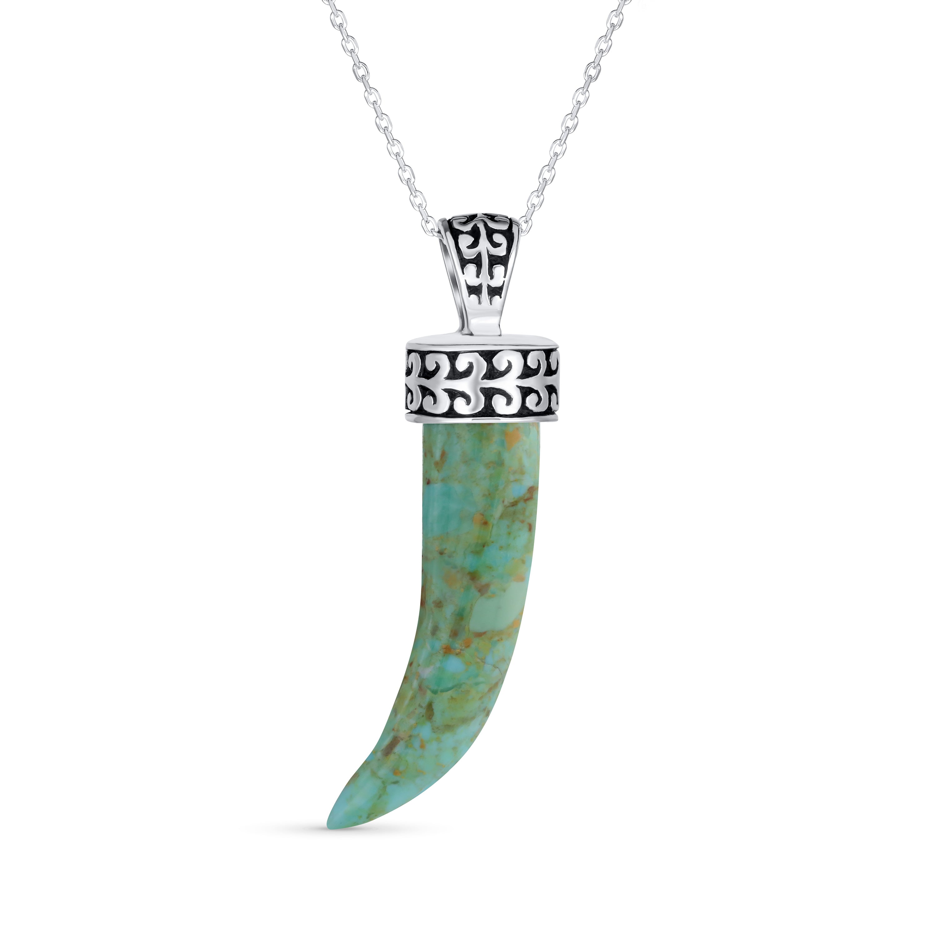 silver-turquoise-italian-honr-pendant_eam_eam-tsp7104-tq-az11 Tooth Amulet Onyx Howlite Turquoise Cornicello Italian Horn Pendant Necklace - Image 1