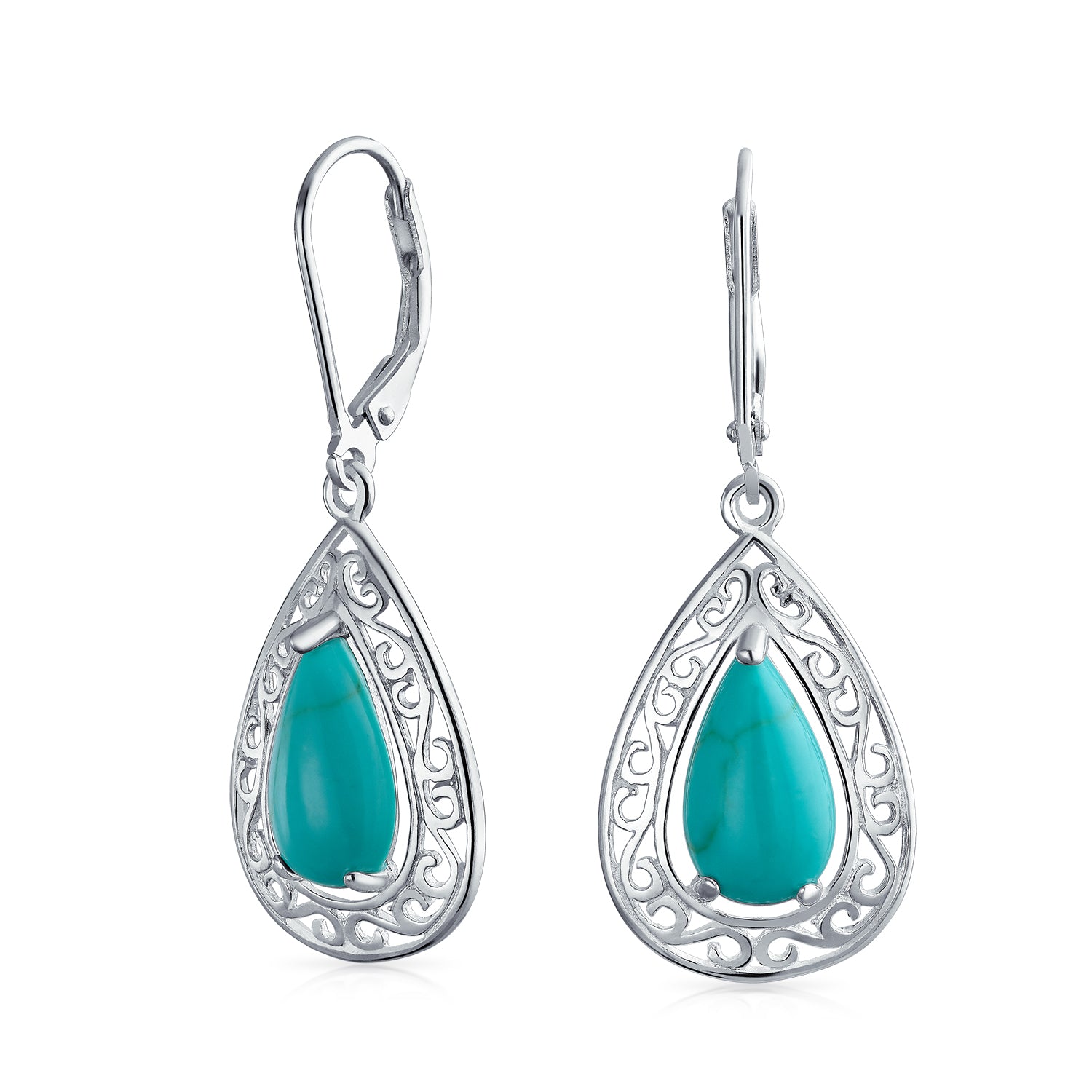 silver-turquoise-teardrop-dangle-earrings_wj-swe7767-08-az_1 Western Style Blue Turquoise Dangle Gemstone Earrings in Sterling Silver - Image 1