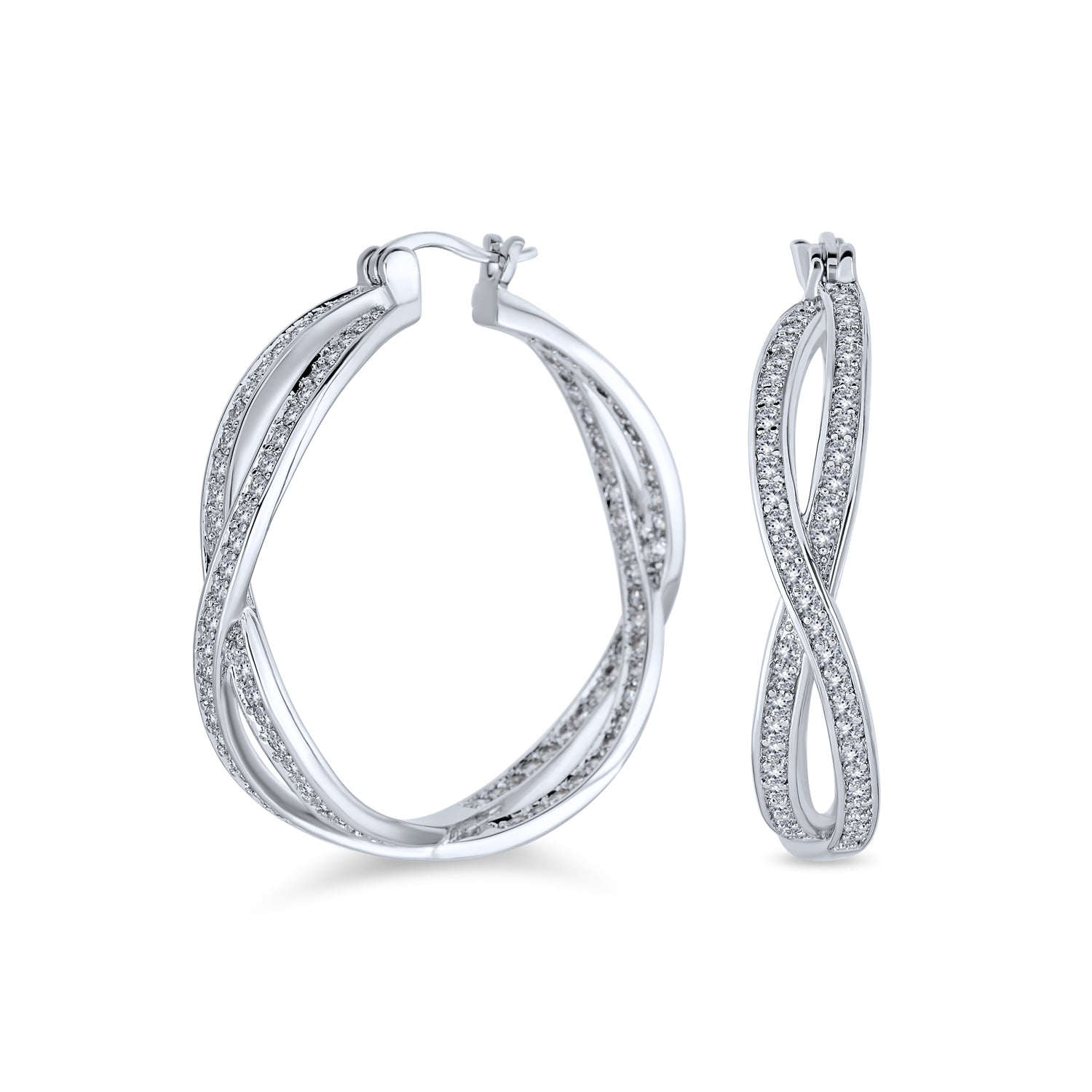 silver-twist-hoop-cz-earrings-oa-21ola1946_1 Cubic Zirconia Pave CZ Forever Love Knot Large Infinity Hoop Earrings 1.5 Diameter Silver - Image 1