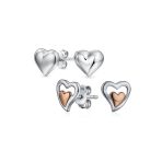 Set of 2 Double Open Heart Shaped Puffed Stud Earrings Rose Gold Plated Silver