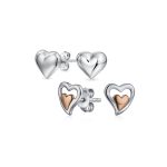 Set of 2 Double Open Heart Shaped Puffed Stud Earrings Rose Gold Plated Silver