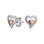 Romantic Petite Two-Toned Double Heart Stud Earrings, Rose Gold Sterling Silver