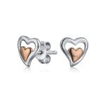 Romantic Petite Two-Toned Double Heart Stud Earrings, Rose Gold Sterling Silver