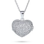 Vintage Style CZ Aromatherapy or Photo Puff Heart Shape Locket Pendant Necklace .925 Sterling Silver