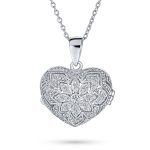 Vintage Style CZ Aromatherapy or Photo Puff Heart Shape Locket Pendant Necklace .925 Sterling Silver