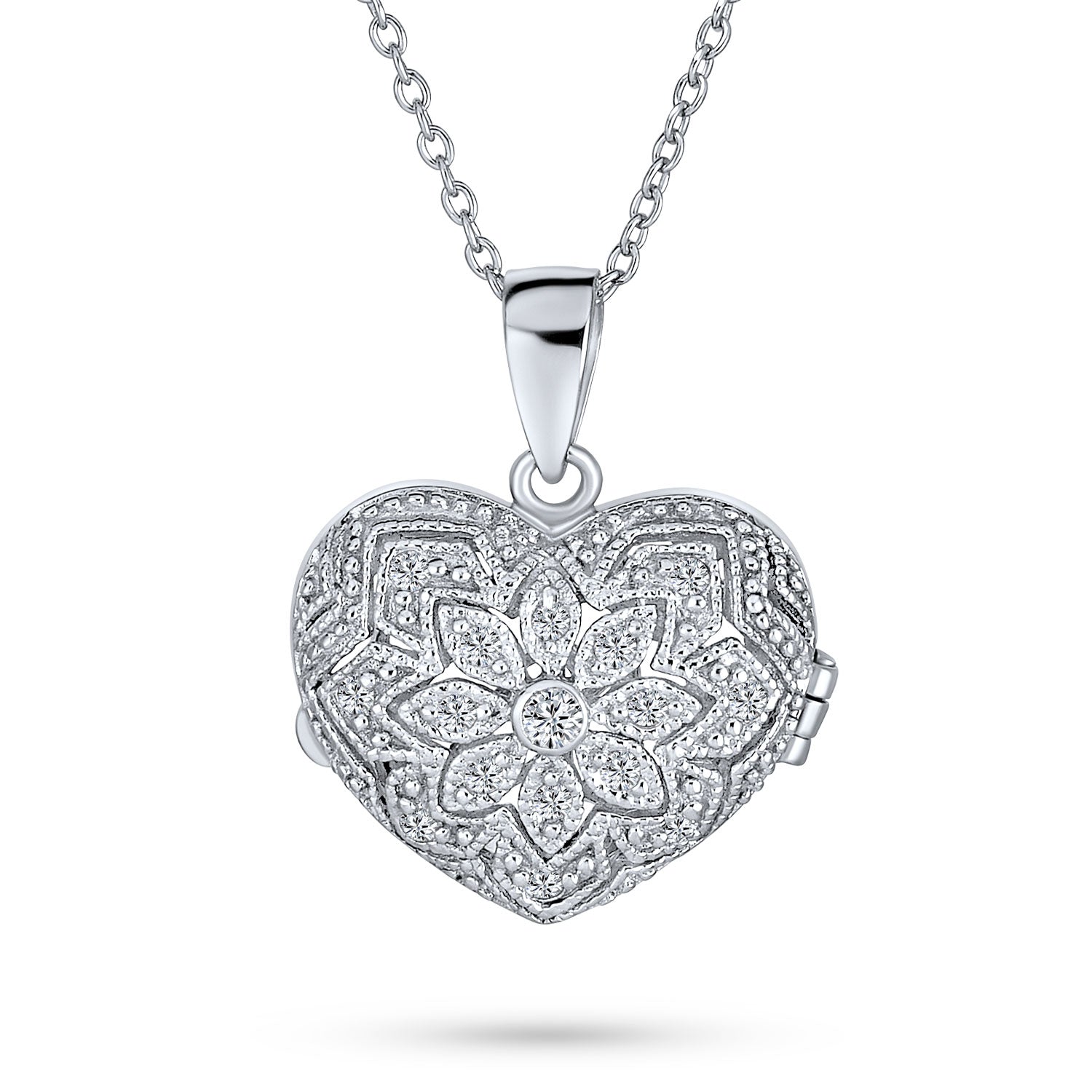 silver-vintage-heart-locket-necklace_eos-cap7508_1 Vintage Style CZ Aromatherapy or Photo Puff Heart Shape Locket Pendant Necklace .925 Sterling Silver - Image 1