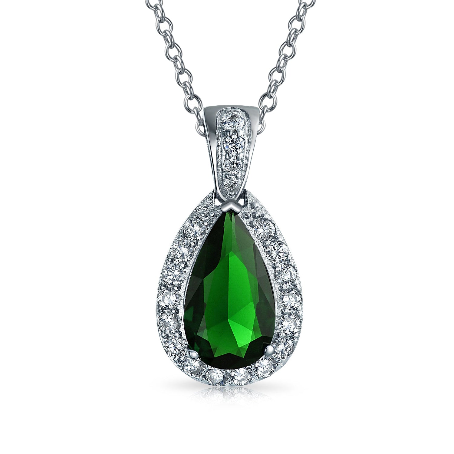 silver-vintage-teardrop-green-cz_my-bmp81888-gr-az_1 5CT Solitaire Teardrop Halo Cubic Zirconia CZ Pendant Necklace Silver Plated - Image 1