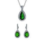 Solitaire Teardrop Halo Blue Green Red Cubic Zirconia CZ Pendant Necklace Earrings Jewelry Set