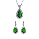Solitaire Teardrop Halo Blue Green Red Cubic Zirconia CZ Pendant Necklace Earrings Jewelry Set