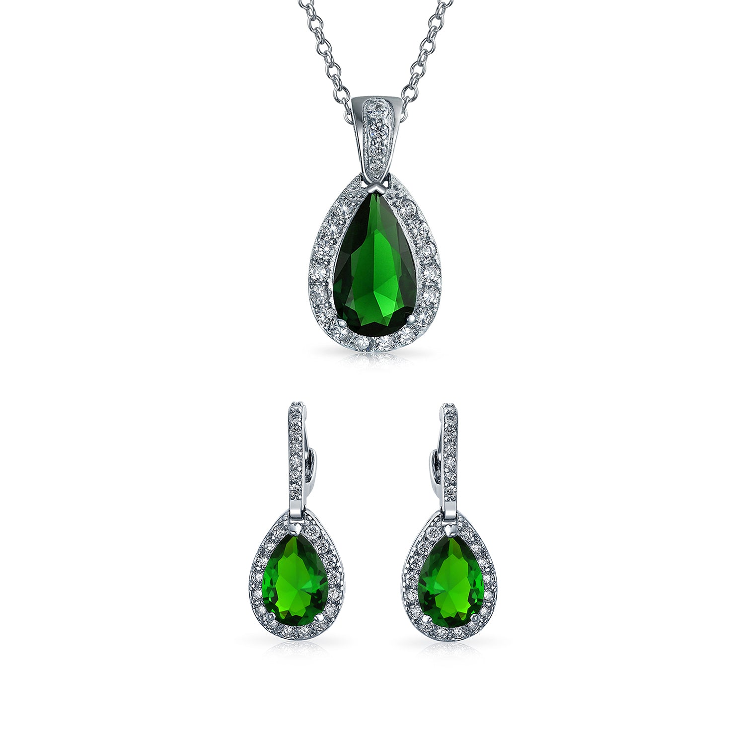silver-vintage-teardrop-green-cz_my-bmp81888-gr-az_12 Solitaire Teardrop Halo Blue Green Red Cubic Zirconia CZ Pendant Necklace Earrings Jewelry Set - Image 1