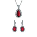 Solitaire Teardrop Halo Blue Green Red Cubic Zirconia CZ Pendant Necklace Earrings Jewelry Set - Image 3