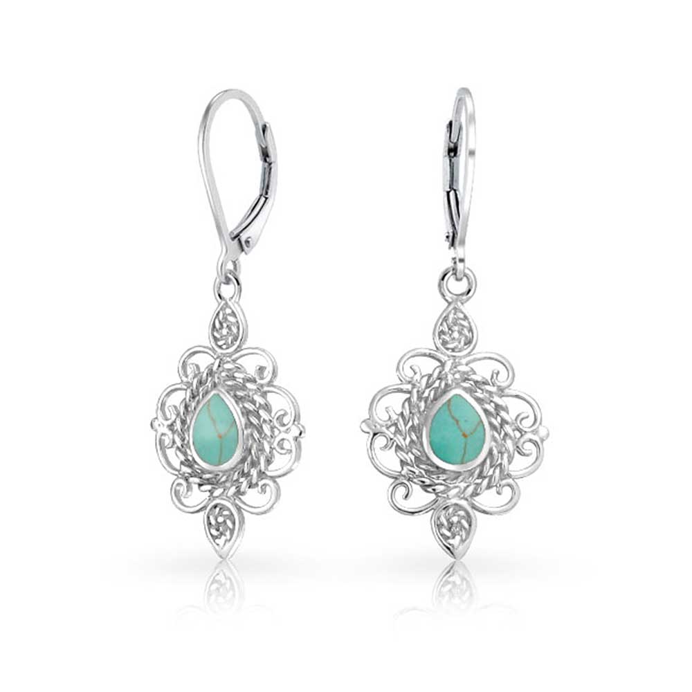 silver-vintage-turquoise-leverback-earrings_eam-tse-6293-az1 Vintage Filigree Turquoise Dangle Gemstone Earrings in Sterling Silver - Image 1