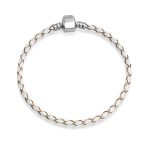 White Weave Braid Leather Strand Bracelet with Sterling Silver Barrel Clasp - Image 2