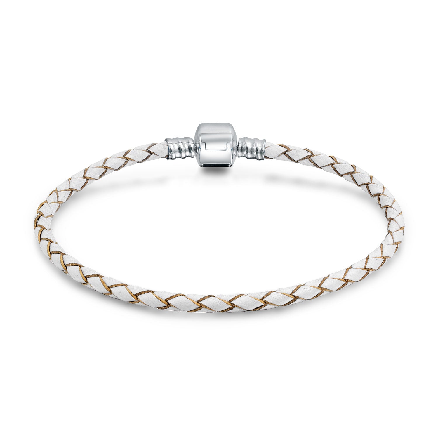 silver-white-leather-cord-bracelet_pbx-hc-30-w-8-az White Weave Braid Leather Strand Bracelet with Sterling Silver Barrel Clasp - Image 1
