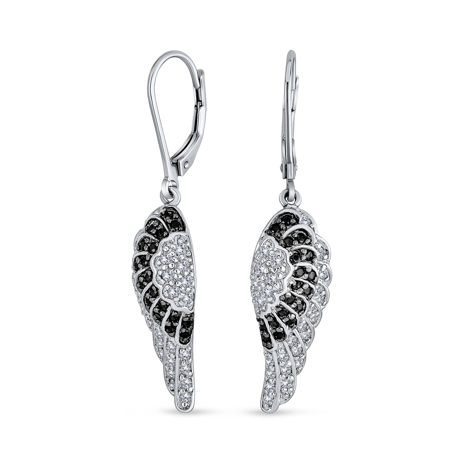 silver-wing-angel-black-white-cz_hsh-hse9681_1 Spiritual Guardian Angel Wing Earrings Cubic Zirconia Black & White CZ Leverback - Image 1