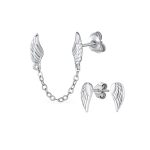 Set of 2 Angel Wing Feather Stud Earrings Chain Sterling Silver Double Piercing