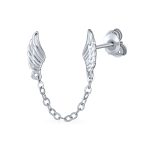 Delicate Angel Wing Feather Stud Earrings with Chain Silver Double Piercing