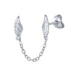Delicate Angel Wing Feather Stud Earrings with Chain Silver Double Piercing