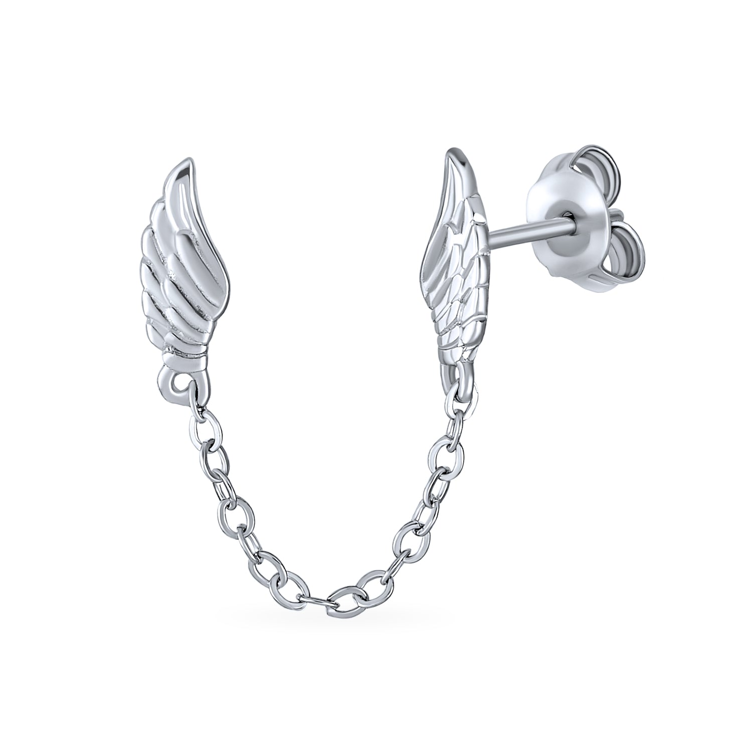 silver-wing-chain-stud-earring-dangle-pfs-12-6865_1 Delicate Angel Wing Feather Stud Earrings with Chain Silver Double Piercing - Image 1