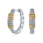 Tri-Color Pave CZ Accent Rose Gold Silver Statement Hoop Earrings .75 Inch Diameter Silver Plated