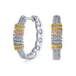 Tri-Color Pave CZ Accent Rose Gold Silver Statement Hoop Earrings .75 Inch Diameter Silver Plated