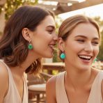 Set of 2 Filigree Lever Back Gemstones Turquoise & Jade Disc Dangle Earrings - Image 2