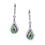 Iridescent Abalone Seashell Rain Drop Teardrop Dangle Earrings .925 Sterling Silver Lever Back - Image 2
