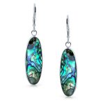 Geometric Iridescent Abalone Shell Oval Long Dangle Earrings in Sterling Silver - Image 2